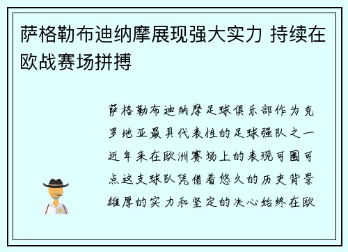 萨格勒布迪纳摩展现强大实力 持续在欧战赛场拼搏