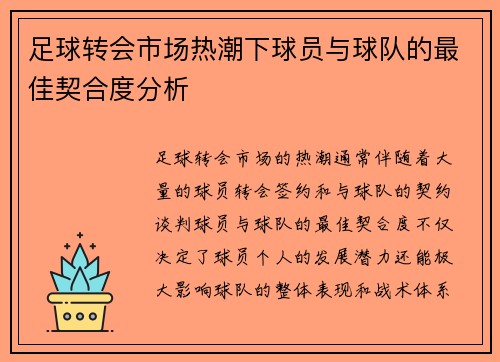 足球转会市场热潮下球员与球队的最佳契合度分析